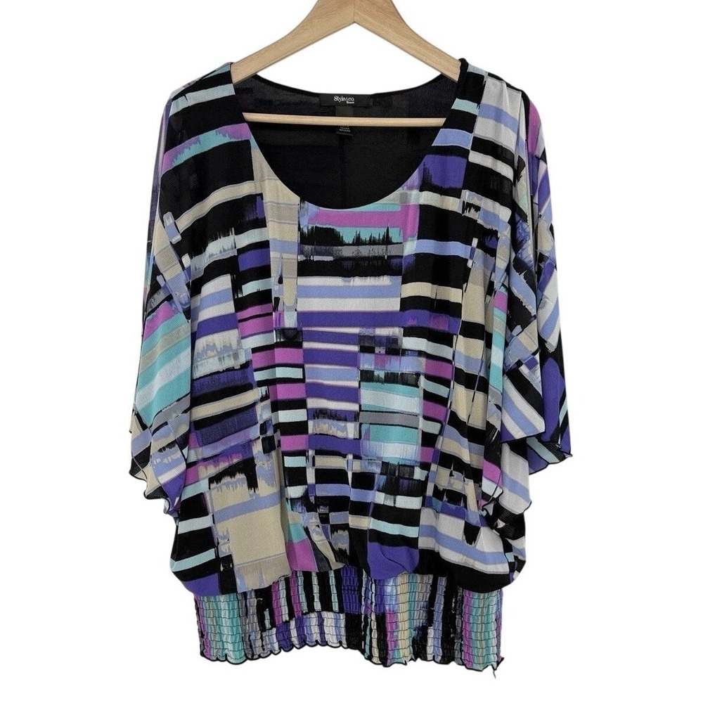 Style &‎ Co. Plus Size Geometric Lined Pullover Nylon Mesh Blouse 1x Boho Office